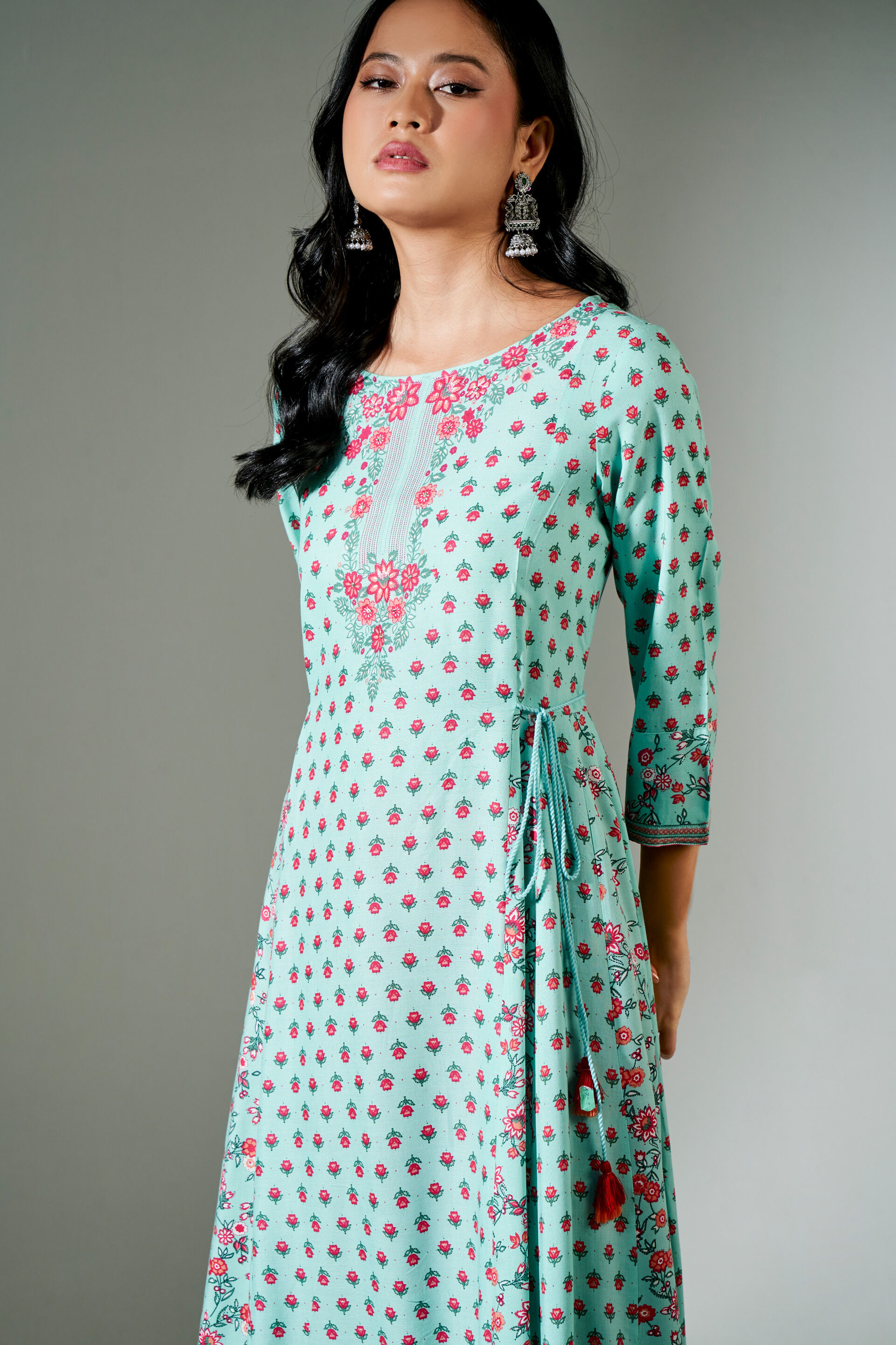 Aqua Floral Printed Kurta, Aqua, image 4